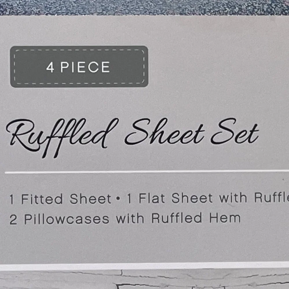 The FARMHOUSE Shabby Chic RUFFLED BLUE PINK FLORAL QUEEN Sheet Set  (BLUE BKGD) - Picture 2 of 8